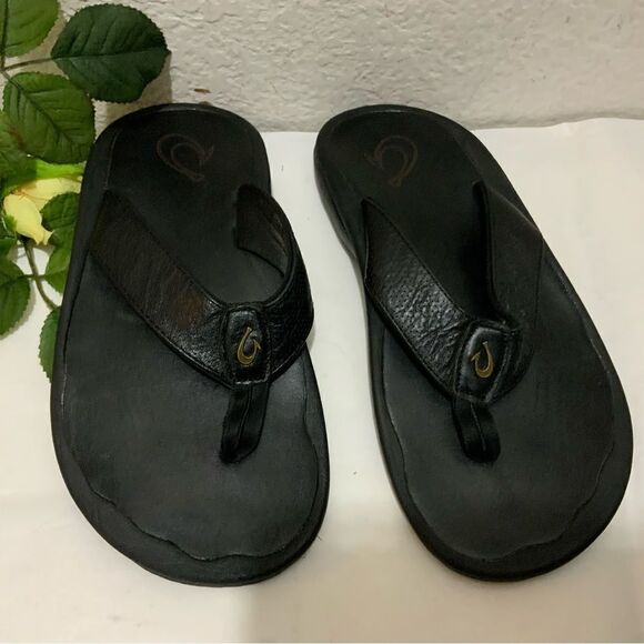 Olukai KUPUNA Men\'s Flip Flop Size 8 black leather top main image 6